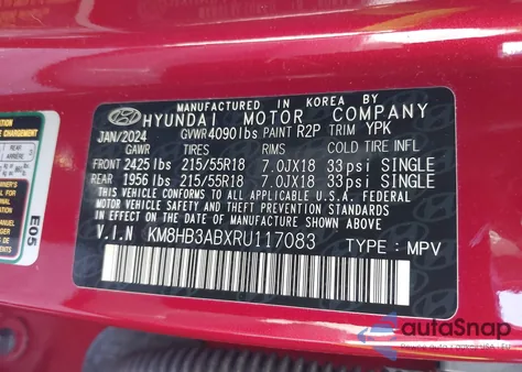 2024 Hyundai Kona Sel z USA, uszkodzony, nr VIN KM8HB3ABXRU117083